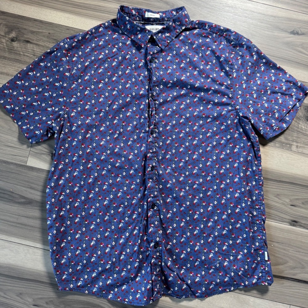 Julian & Mark Mens Blue Floral Short Sleeve Stretch Button Down Shirt Large
